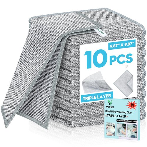 VMKBL 10 Pcs New Upgraded 3 Layers Non Scratch Wire Dishcloth, Multipurpose Wire Steel Wool Scrubber, Wet & Dry for Cookware, Sinks, Dishes, Stoves & Fireplaces 9.87“ x 9.87”