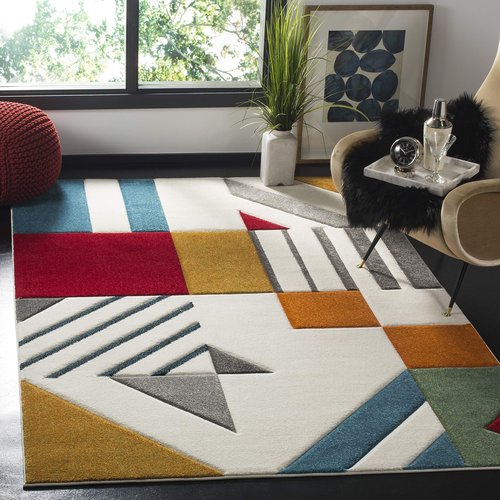 SAFAVIEH Hollywood Collection Accent Rug - 4' x 6', Ivory & Peacock Blue, Mid-Century Modern Design, Non-Shedding & Easy Care, Ideal for High Traffic Areas in Entryway, Living Room, Bedroom (HLW709B)