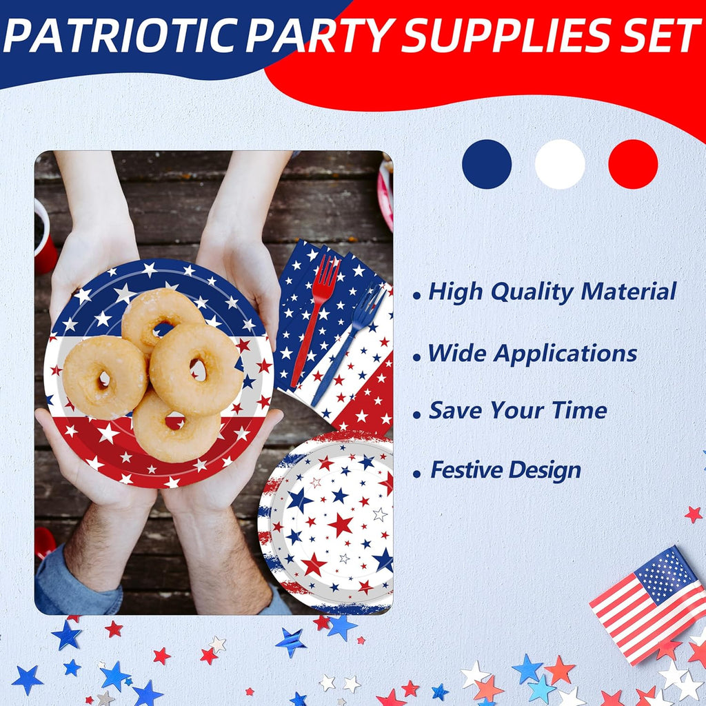 Regine Switzerland 100 Pcs Patriotic Party Supplies Set - Disposable Red, White & Blue Tableware for 25 Guests | Perfect for 4th of July & Memorial Day Celebrations