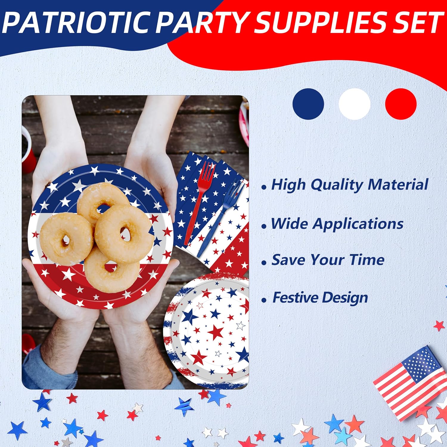 Regine Switzerland 100 Pcs Patriotic Party Supplies Set - Disposable Red, White & Blue Tableware for 25 Guests | Perfect for 4th of July & Memorial Day Celebrations