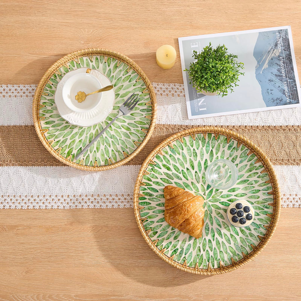 Round Rattan Tray with Mother of Pearl Inlay, Rattan Serving Tray with Wooden Base, Decorative Wicker Basket for Table Decor, Storage and Display of Coffee Bread Food Fruit (Leaf 13.5")