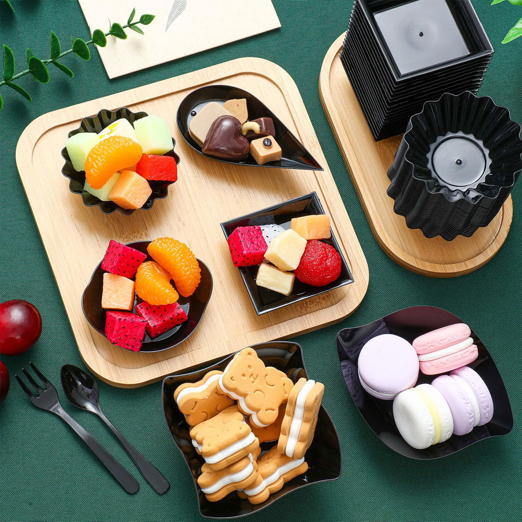 Tessco for you 1200 Pcs Mini Appetizer Plates Set Including 6 Shapes Disposable Mini Dessert Cups, Spoons and Forks for Party Wedding Pudding Ice Cream (Black)