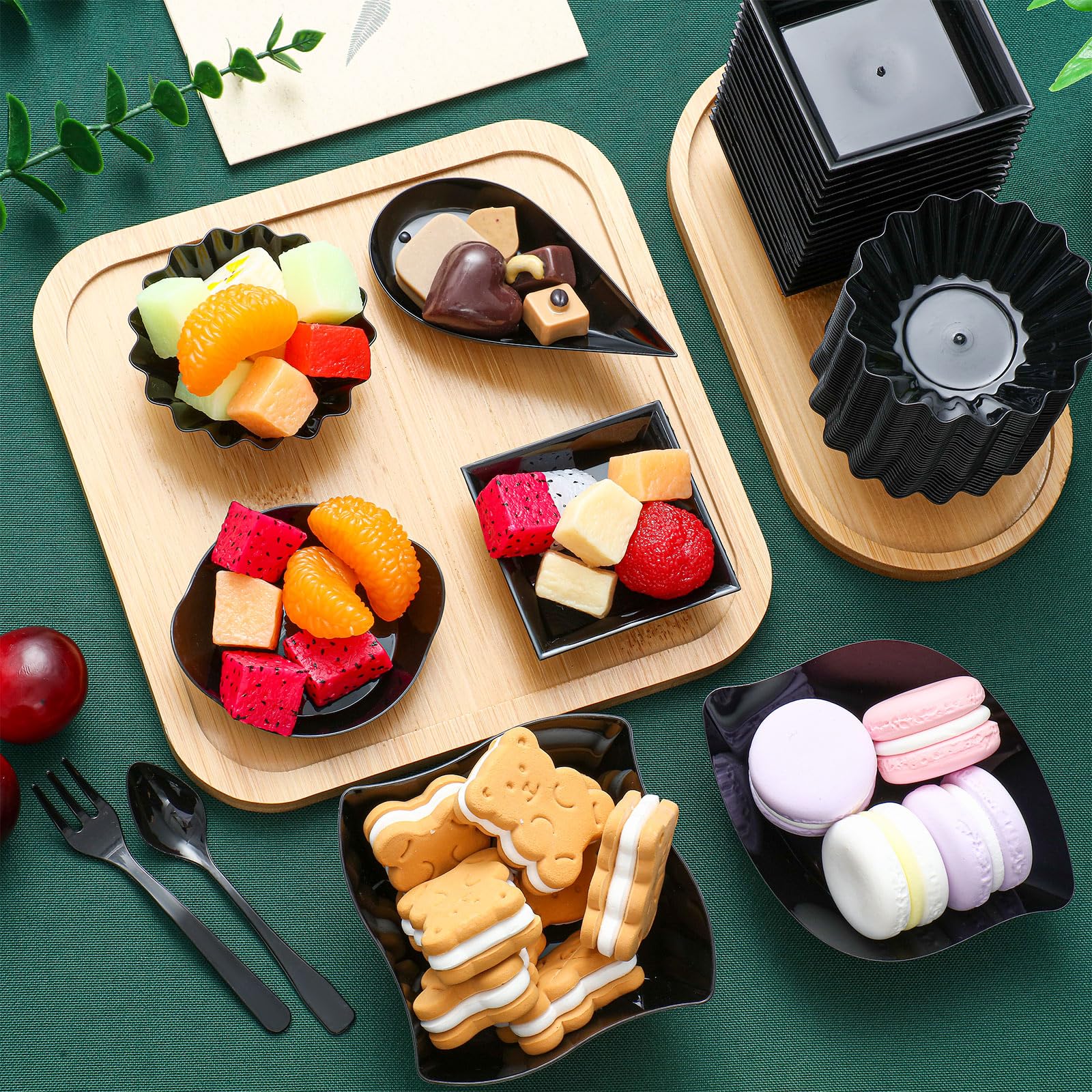 Tessco for you 1200 Pcs Mini Appetizer Plates Set Including 6 Shapes Disposable Mini Dessert Cups, Spoons and Forks for Party Wedding Pudding Ice Cream (Black)
