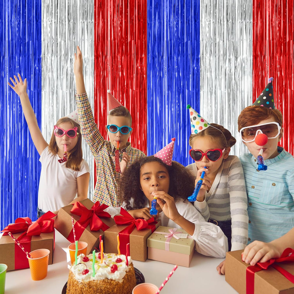 Patriotic Tinsel Backdrop by [Brand Name] - 12 Pack Metallic Blue, Silver & Red Fringe Curtains | 3.28 FT x 7.05 FT Independence Day Party Decor