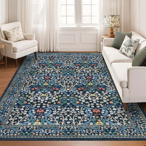 GarveeHome 8x10 Area Rugs, Washable Rugs for Living Room Non Slip Stain Resistant Ultra Soft Floral Rug, Boho Carpet Floor Mat for Bedroom Dining Room Nursery Playroom Office, Dark Blue