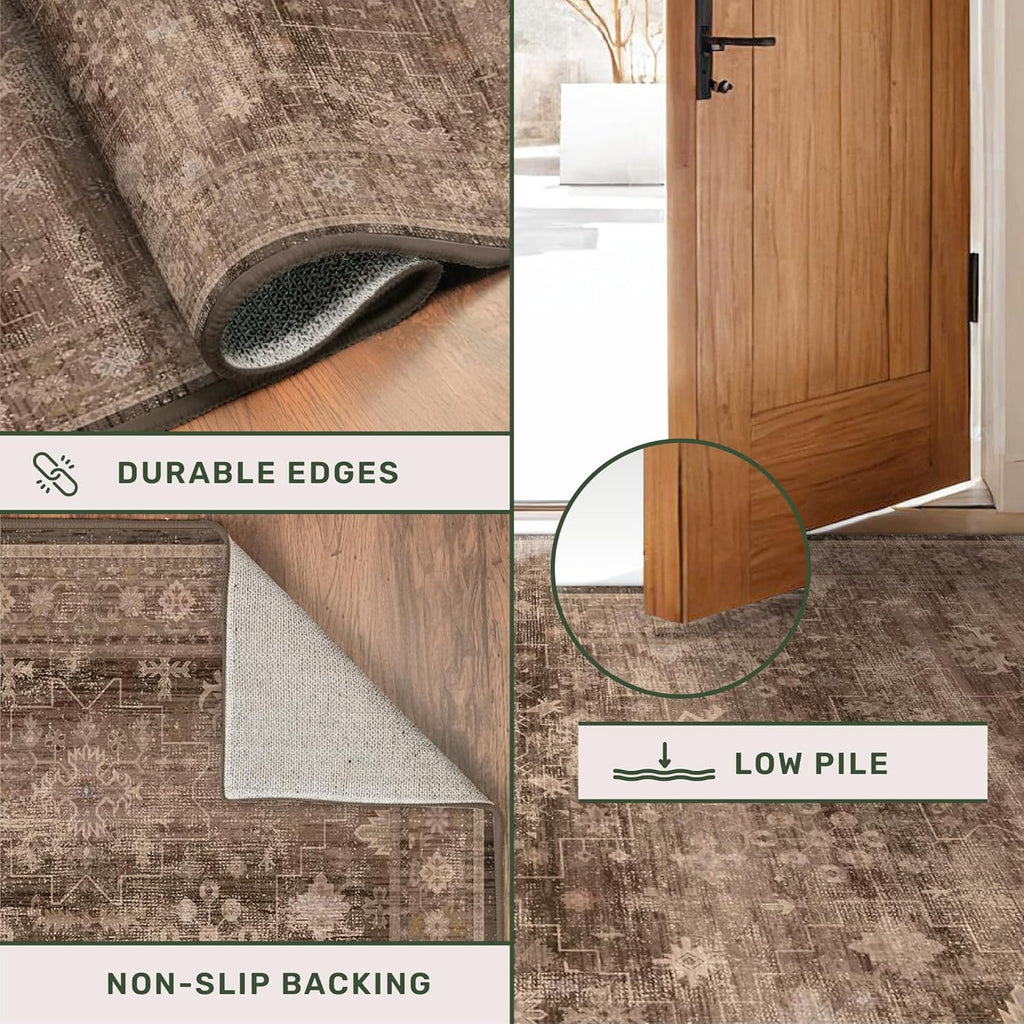 Skiennix Brown Boho Washable Entry Rug - Non-Slip Rubber Backing | Stain & Fade Resistant, 3x4 ft