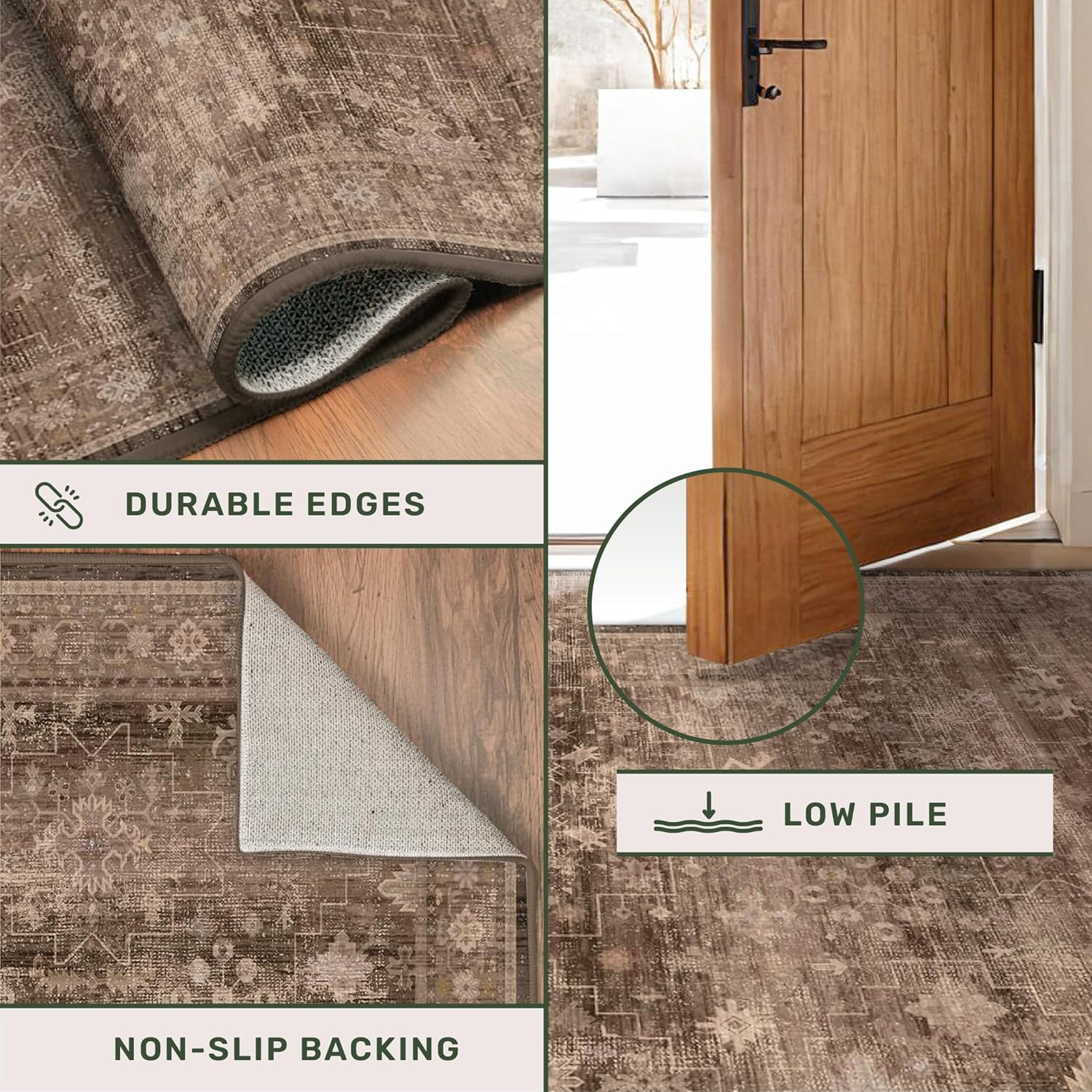 Skiennix Brown Boho Washable Entry Rug - Non-Slip Rubber Backing | Stain & Fade Resistant, 3x4 ft