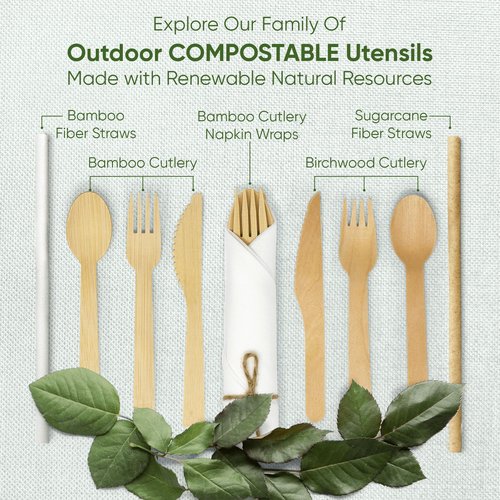 EcoPreps Premium Pre-Rolled Napkin and Bamboo Cutlery Set (100 Pack, 400 PCS) 100% Biodegradable, Eco-Friendly, Disposable Wrapped Cutlery - Includes Pre-Wrapped Bamboo Forks, Knives, Spoons, Napkins