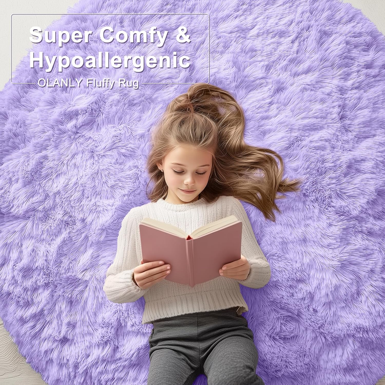 OLANLY Round Light Purple Area Rug - Soft, Fluffy, Machine Washable 9 ft Carpet for Bedroom & Living Room