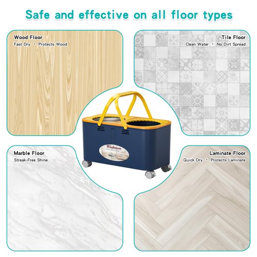Compact Spin Mop and Bucket with Clean & Dirty Water System, Floor Mop with 360° Swivel Wheels, 61" Handle, 6 Reusable Mop Heads for for Wood, Tile, Vinyl, Baseboards- Blue/Yellow