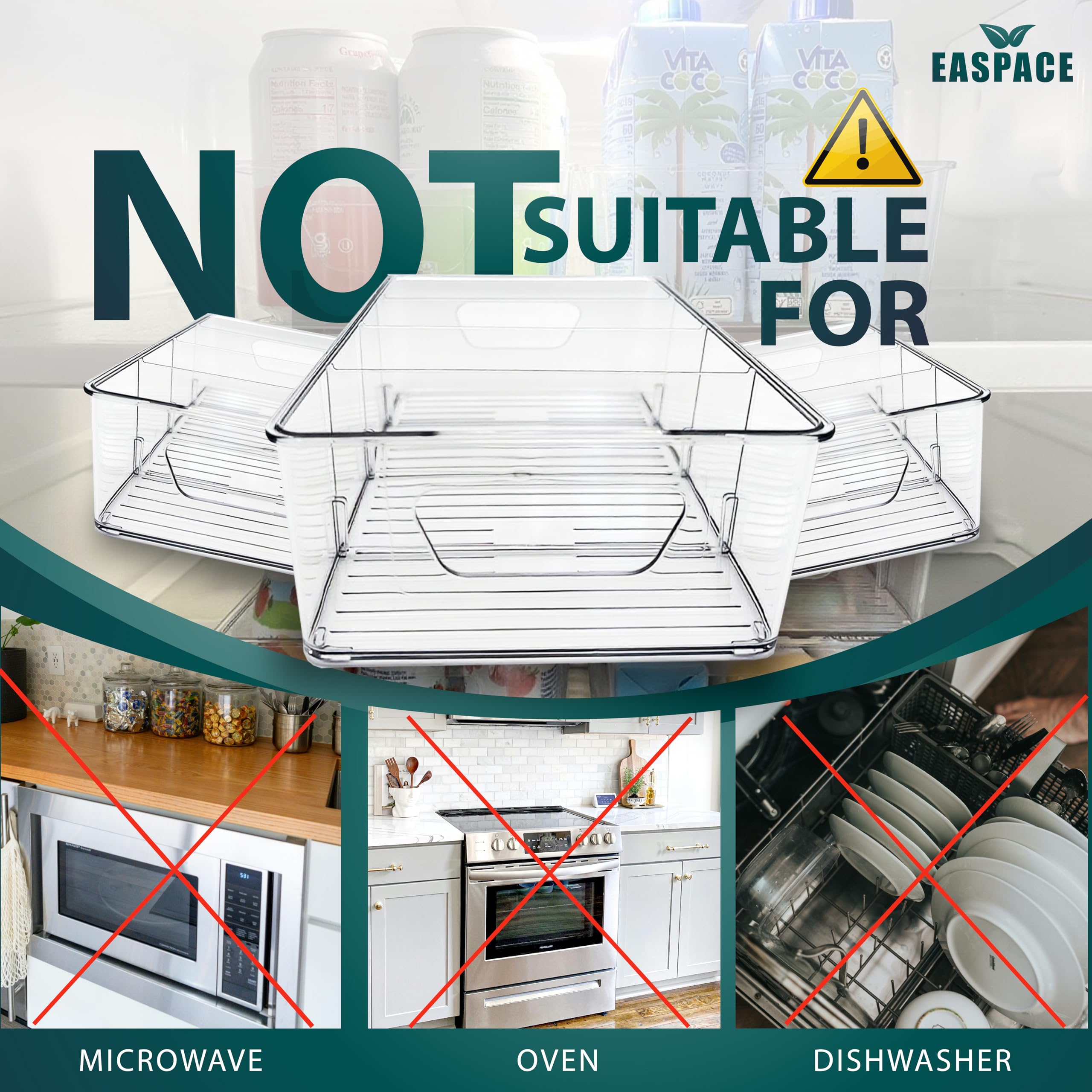 EASPACE 4-Pack Pantry Organizer Bins – Clear Storage Containers for Pantry, Kitchen, Fridge, Cabinet, or Shelf – Perfect for Snacks, Food, Drinks & Multi Purpose