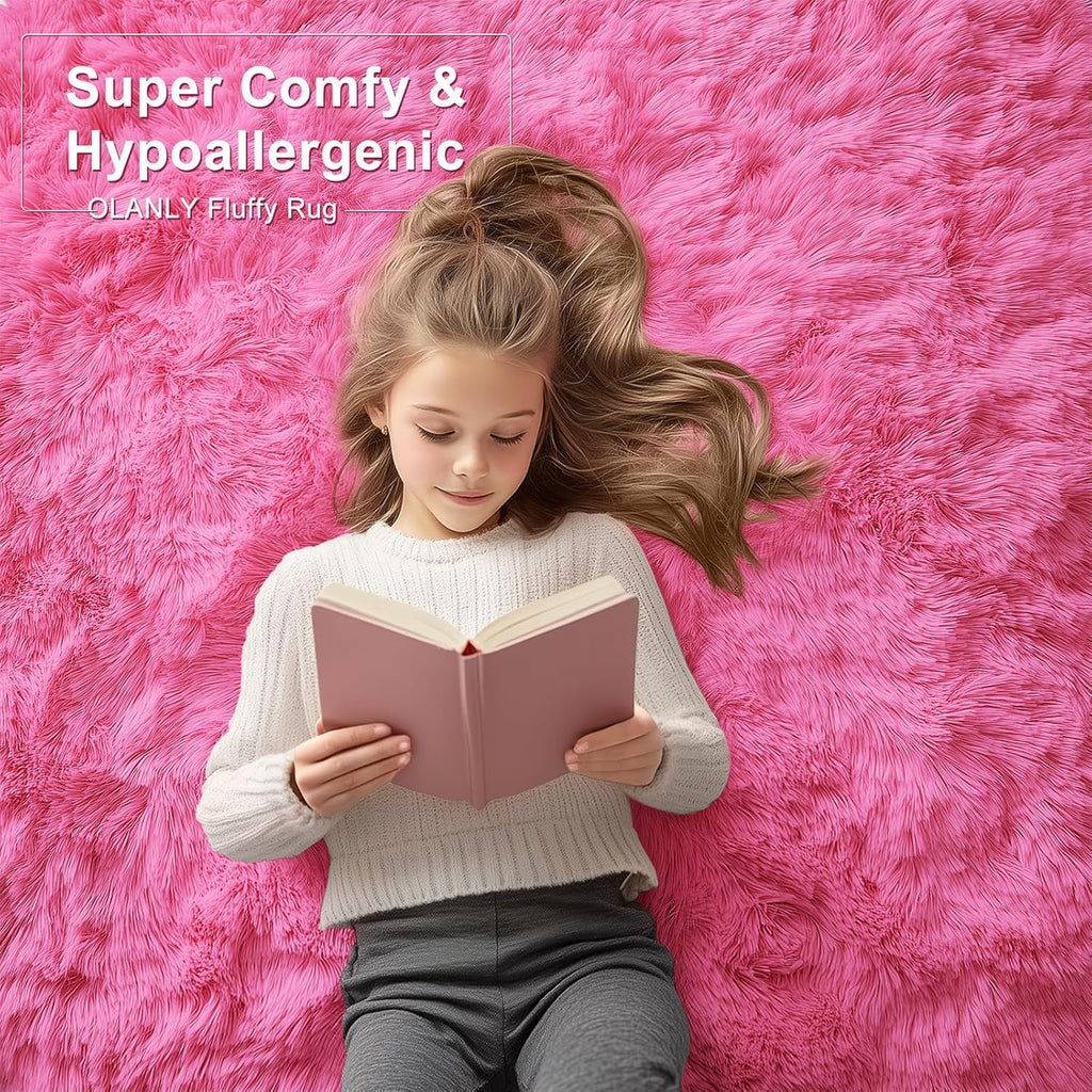 OLANLY Soft Fluffy Shaggy Runner Rugs - Machine Washable 2x5 for Hallway, Bedroom & Nursery | Hot Pink Home Decor