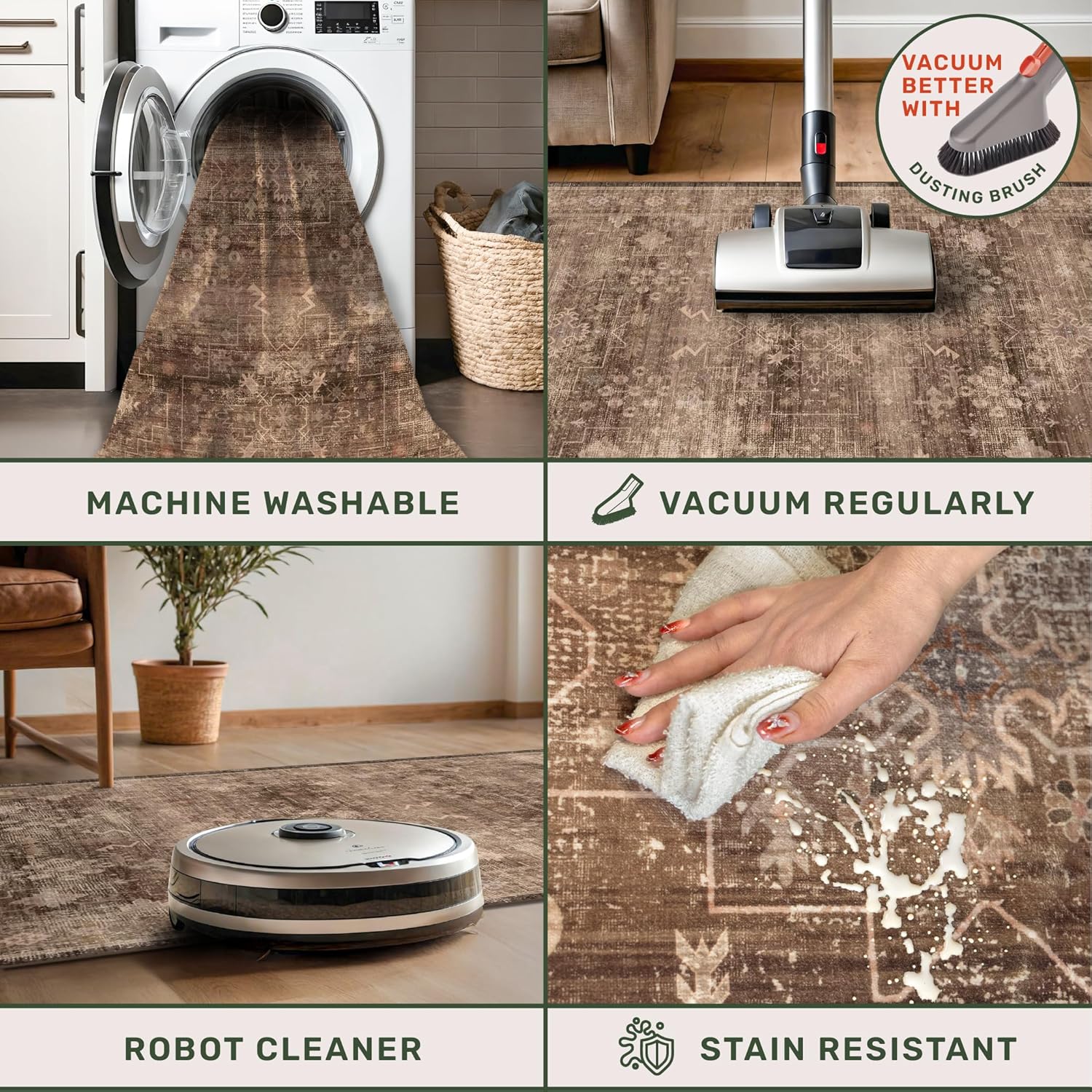Skiennix Brown Boho Washable Entry Rug - Non-Slip Rubber Backing | Stain & Fade Resistant, 3x4 ft