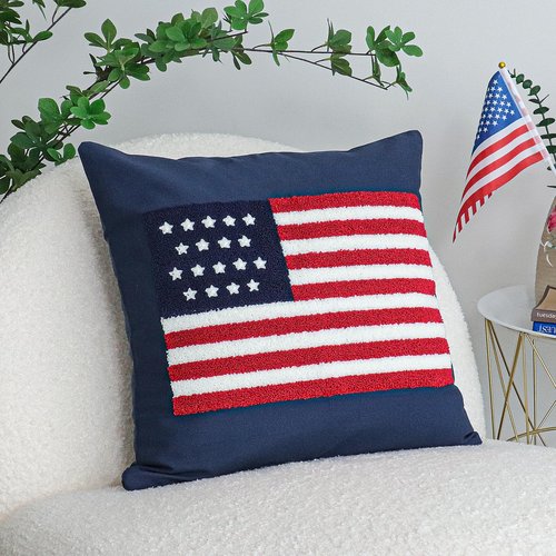 Jonhier 4th of July Throw Pillow Cover, Independence Day Patriotic Throw Pillow Case Tufted American Flag Pattern, Textured Cushion Cases Memorial Day Flag Day Decor for Sofa Bed (Blue, 18” x 18”)