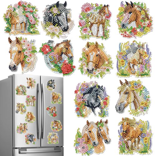INCOK Diamond Art Refrigerator Magnets - 12 PCS Horse Diamond Painting Fridge Magnet Stickers Kits DIY Refrigerator Diamond Art Craft for Adult Beginners Home Decors Christmas Gift Horse Lover