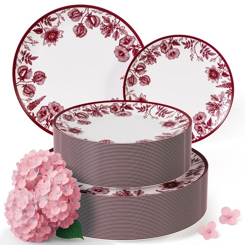 Trendables Disposable Plates For Party Supplies | Burgundy Floral Plastic Plates For Wedding 80 Pcs - 40 X 8 & 40 X 10 Dinner Plate Sets | Floral Plate Set Disposable Plastic Dinnerware Sets