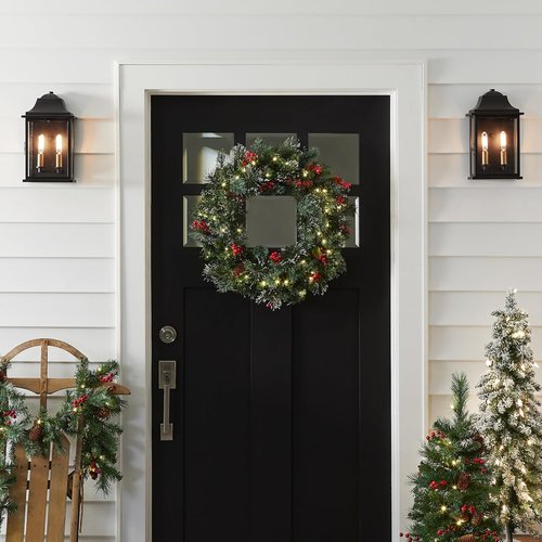 National Tree Company 24-Inch Pre-Lit Wintry Pine Flocked Christmas Wreath - 50 LED Lights, Pinecones & Berries