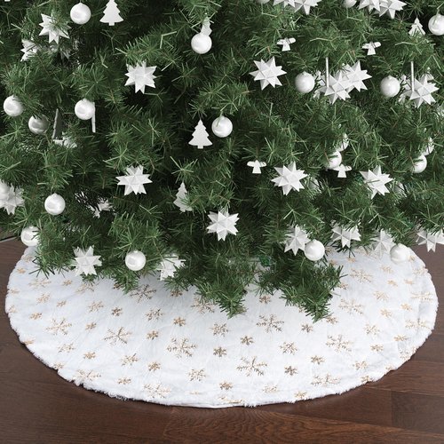 Mr. Pen White Faux Fur Christmas Tree Skirt, 36 inches, Gold Snowflakes