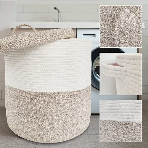 Large Storage Basket with Lid 60L, 16"Wx18"H Woven Laundry Hamper Basket with Handle, Room Decor Cotton Rope Wicker Basket Toy Organizer Bins for Clothes Blankets Pillows, Beige/White Mix includes Lid