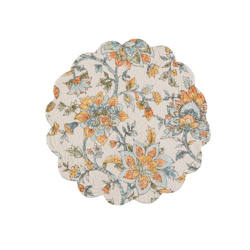 C&F Home Ainsley Placemats Set of 6 Jacobean Floral Reversible Stripes Round Cotton Machine Washable Dining Kitchen Tabletop Home Decor Decoration 17" Tan