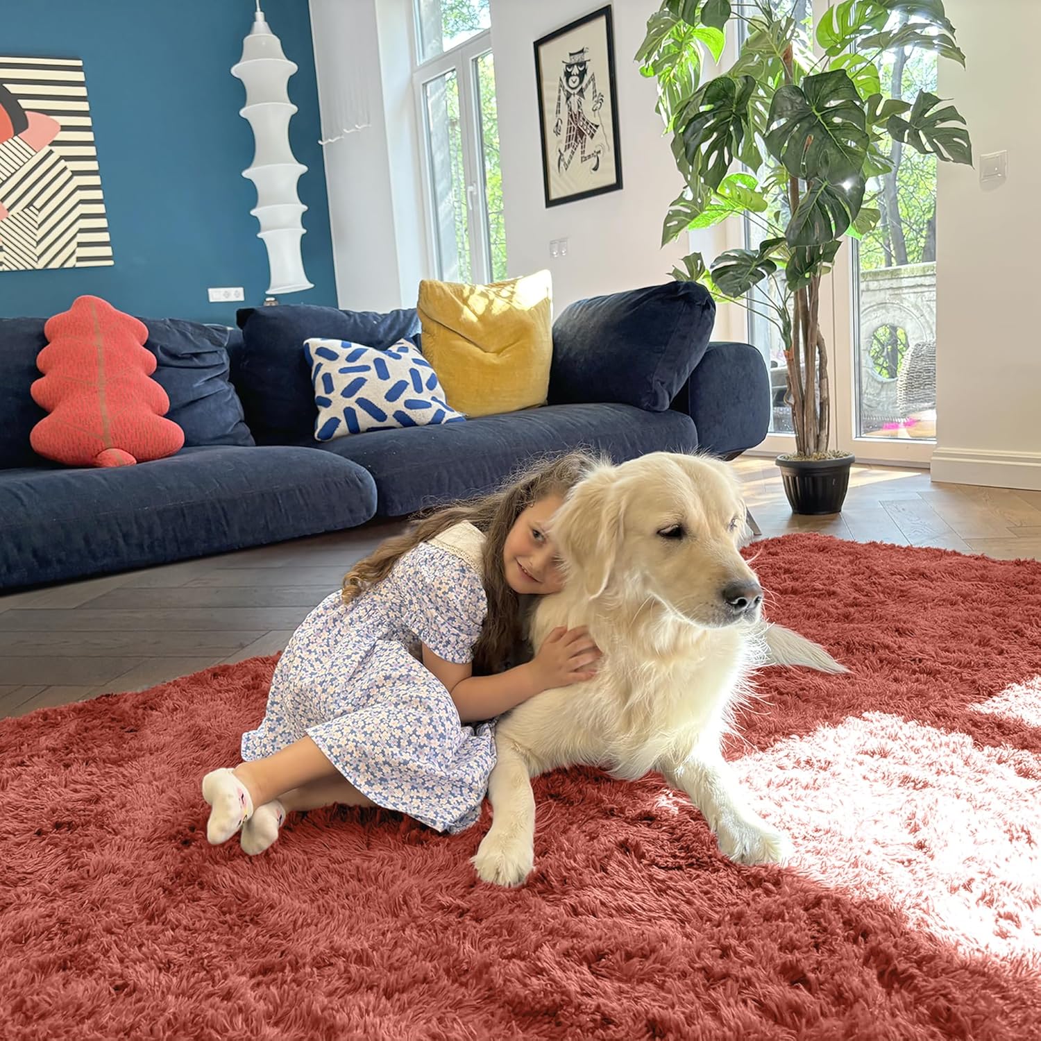 OLANLY Machine Washable Runner Rugs - Soft Fluffy Shaggy Design for Bedroom & Hallway | Rust Red