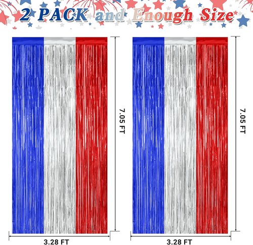 4th of July Decorations by [Brand Name] - 2 Pack Tinsel Backdrop | Red, Silver & Blue Fringe Curtains, 3.28 FT x 7.05 FT