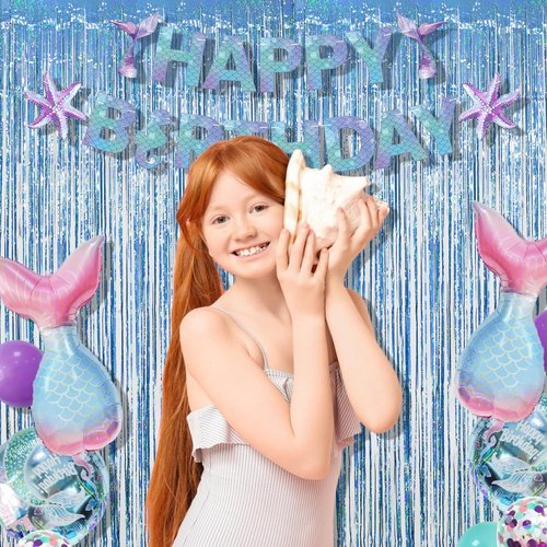 Blue Tinsel Curtain Streamers - Foil Fringe Party Backdrop for Engagement & Birthdays | 2 Pack 3.3x8.3ft