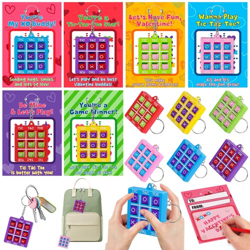 NAWITDA 24 Pack Valentines Day Gifts for Kids Classroom Valentines Day Cards for Kids with Tic-Tac-Toe Game Keychains, Valentines Class Exchange Gifts School Party Favors for Boys Girls