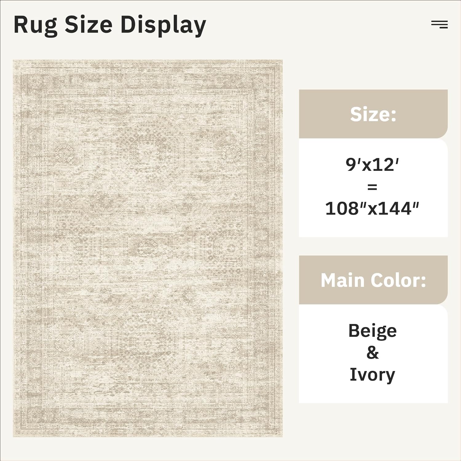 Soalmost 9x12 Area Rug - Non-Slip, Machine Washable Vintage Design for Living Room & Bedroom - Beige