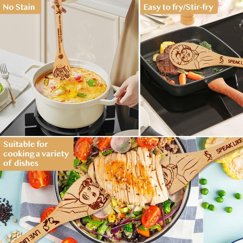Golden Gifts for Women,Kitchen Utensils Set,Golden Wooden Cooking Spoons with Apron Oven Mitt Potholder for Fans,Great Birthday Wedding and Housewarming Christmas 8pcs