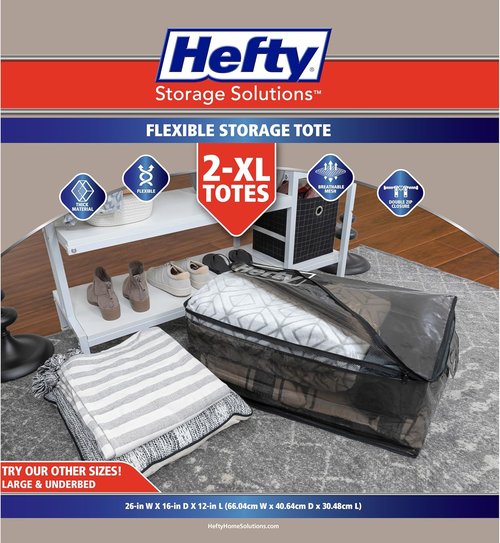 Hefty Extra Large Storage Bags - Heavy Duty Water Resistant Moving Totes with Shoulder Straps | 2 Pack (Black)