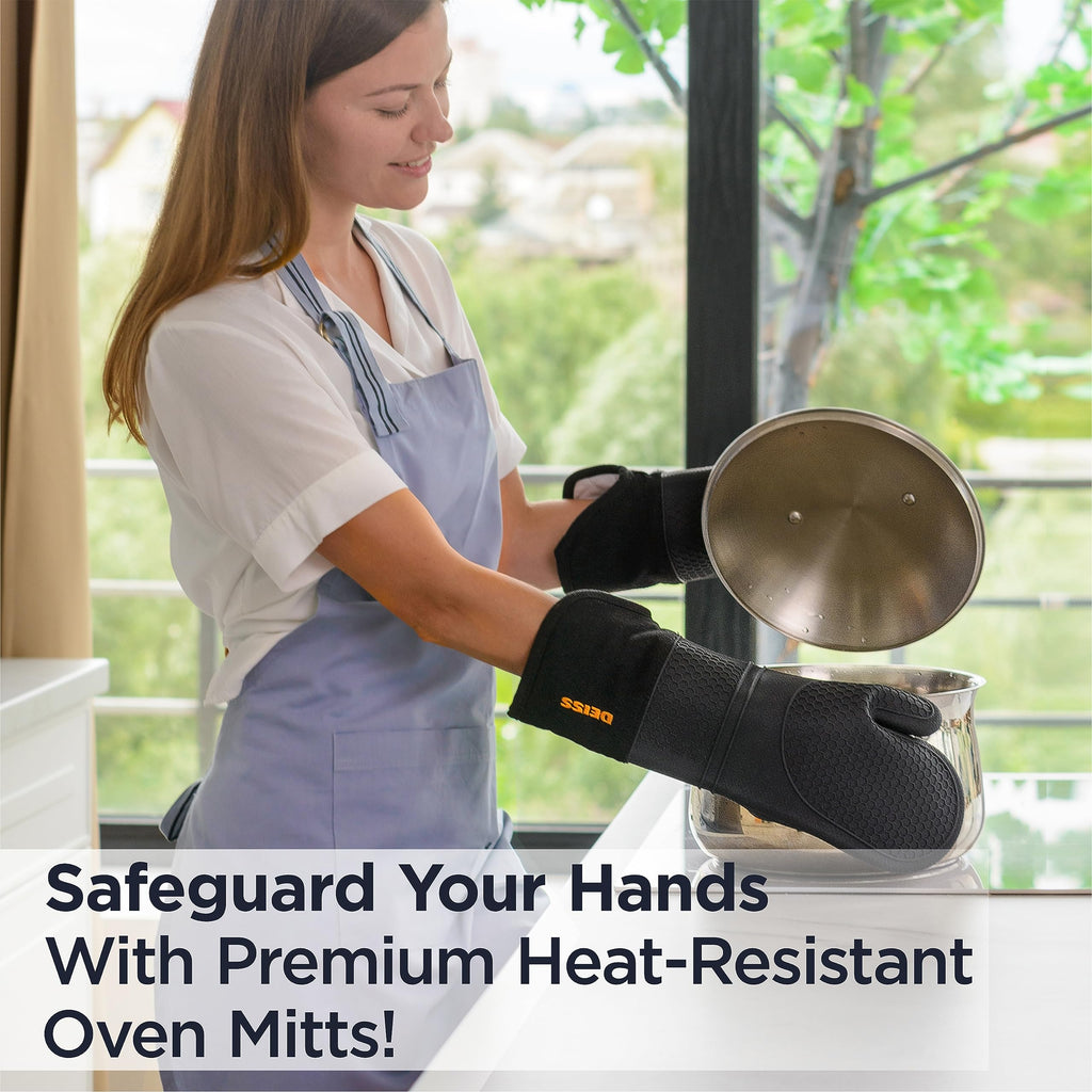 Deiss PRO Heat and Stain Resistant Silicone Oven Mitts Set, Soft Cotton Lining BBQ Gloves, Waterproof, Extra Long Flexible Thick Kitchen Mitts for Cooking, Non-Slip Grip Oven Gloves