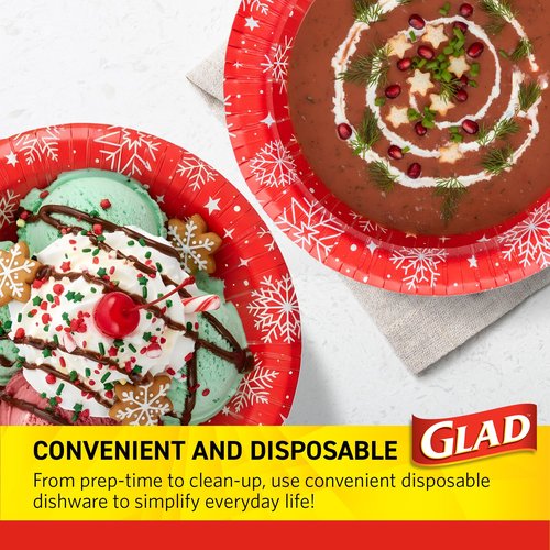 Glad Everyday Disposable Paper Bowls, Red Snowflake Holiday Design - Heavy Duty Soak-Proof Microwavable Paper Bowls - For Soups, Cereals, and Hot Foods, 12 Ounce, 20 Count