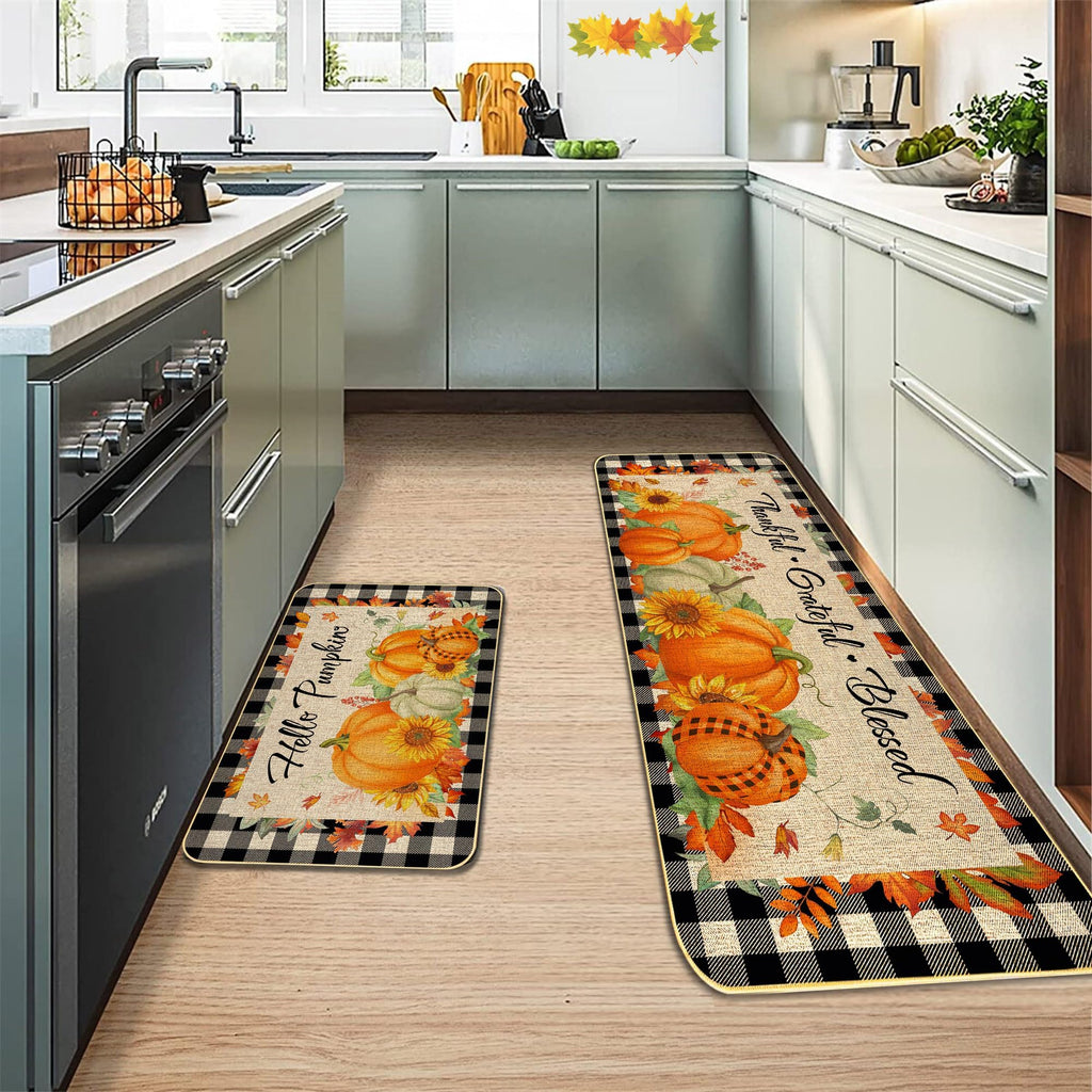 2 Pieces Hello Pumpkin Kitchen Mat Autumn Kitchen Rugs Thanksgiving Decorative Door Mats, Home Seasonal Fall Holiday Party Autumn Maple Leaves Harvest Thankful Grateful Blessed Low-Profile Floor Mat