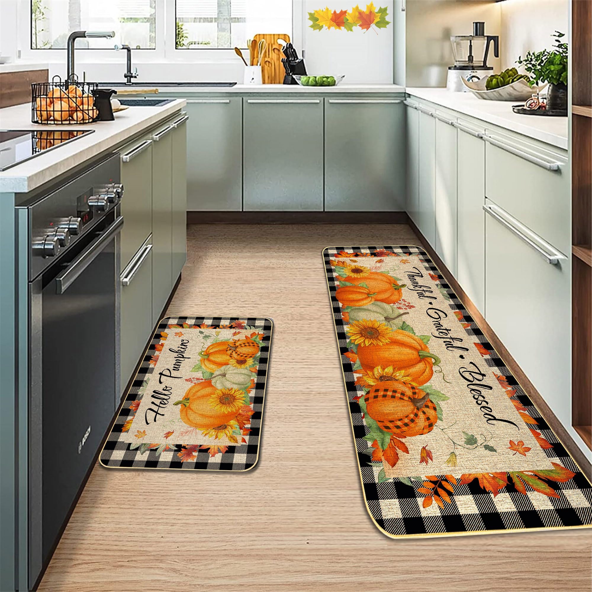 2 Pieces Hello Pumpkin Kitchen Mat Autumn Kitchen Rugs Thanksgiving Decorative Door Mats, Home Seasonal Fall Holiday Party Autumn Maple Leaves Harvest Thankful Grateful Blessed Low-Profile Floor Mat
