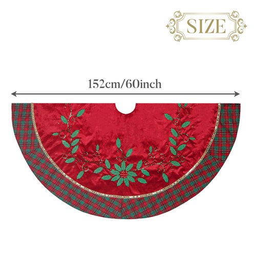 Valery Madelyn Christmas Tree Skirt for Tree Decorations, 60 Inch Traditional Red Green Gold Small Xmas Velvet Tree Skirt with Holly Leaves Pattern & Tartan Trim for Tree Merry Christmas Party Decor