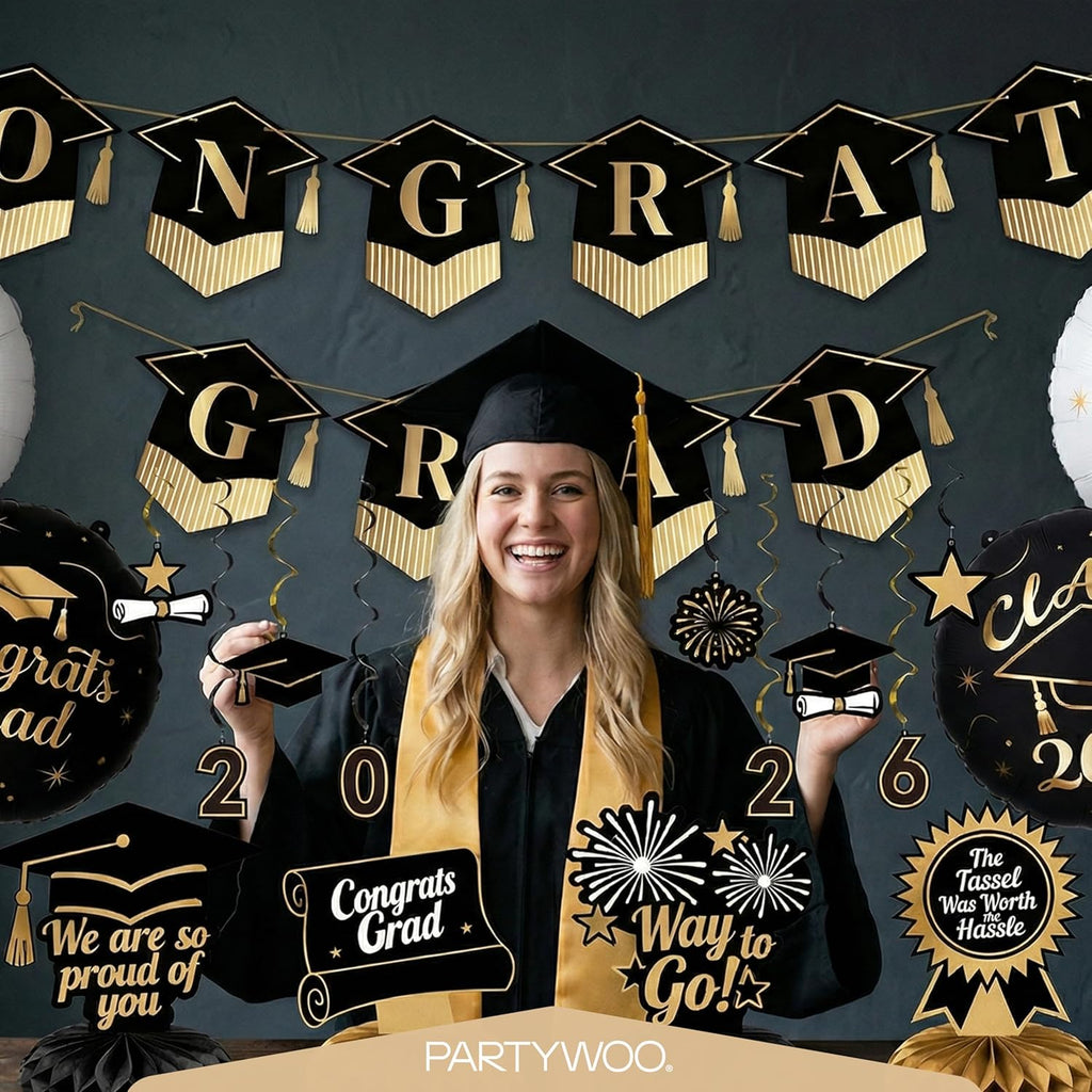 PartyWoo Graduation Decorations - Class of 2026 Black & Gold Banner Set for High School & College Celebrations