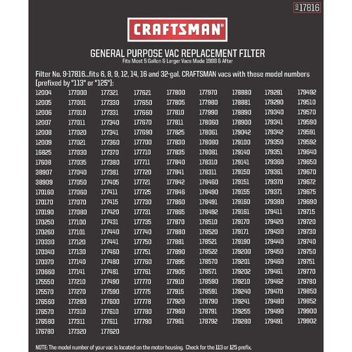 Craftsman 9-17816 Filter Fits All Current Craftsman Vacuums 5 Gallons and Above