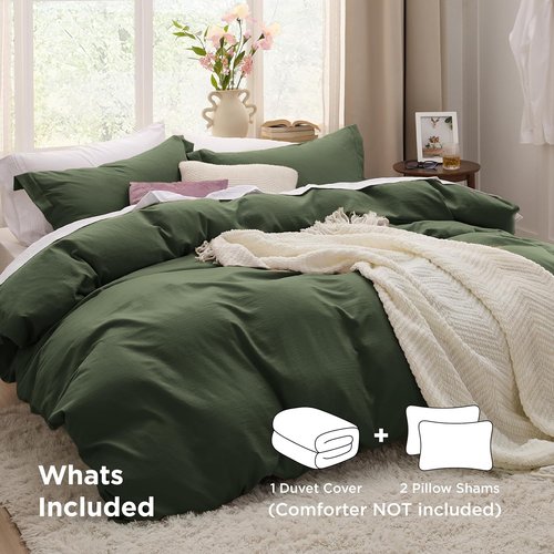 Bedsure Olive Green Duvet Cover Set - Extra Soft Prewashed Cotton-Like Polyester, Queen Size 90x90 Inches, Includes 2 Pillow Shams