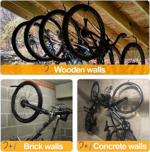 KURUI Heavy-Duty Bicycle Hangers - 6 Pack Wall Mount Hooks for Garage Storage | No Drill Design