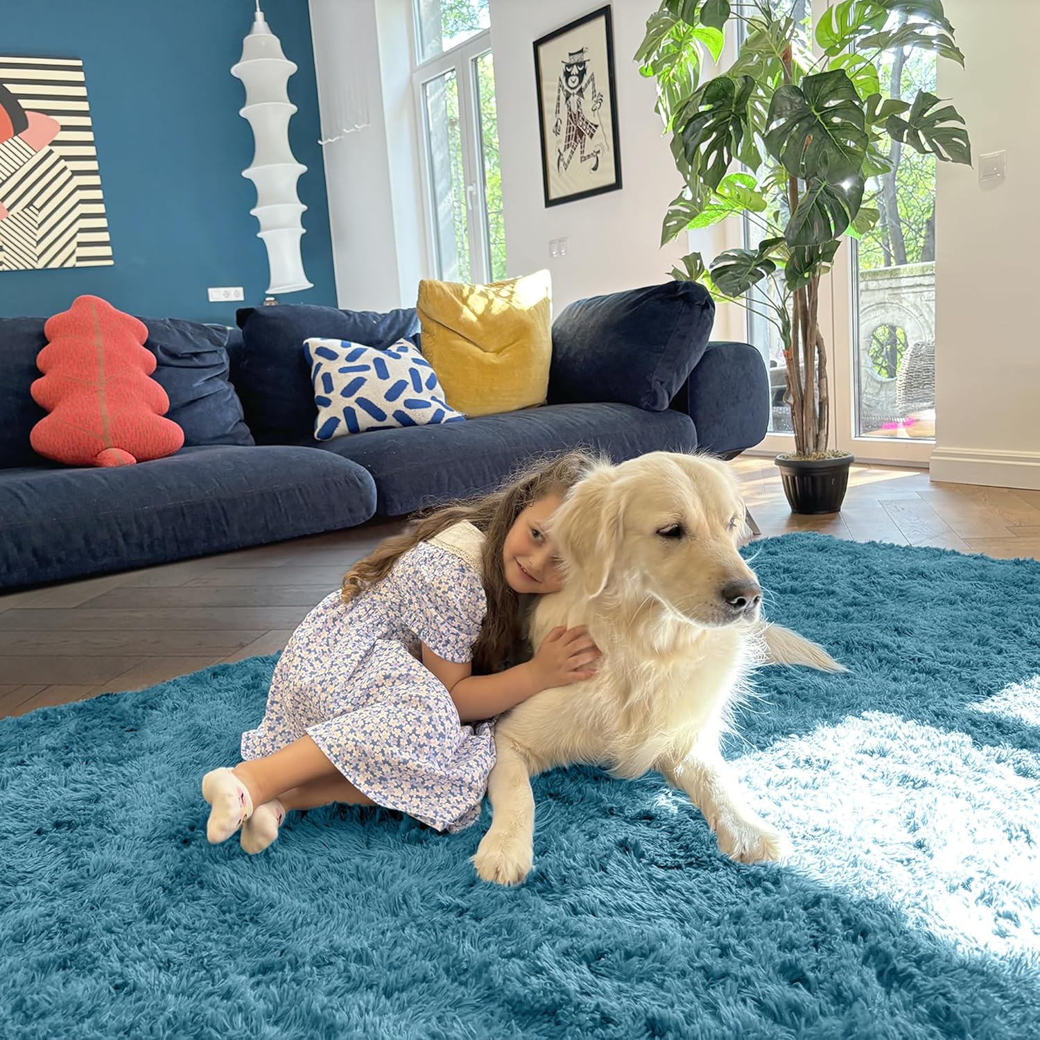 OLANLY Large Area Rug - Soft Fluffy Shaggy Indoor Carpet for Living Room & Bedroom | Slate Blue, Machine Washable