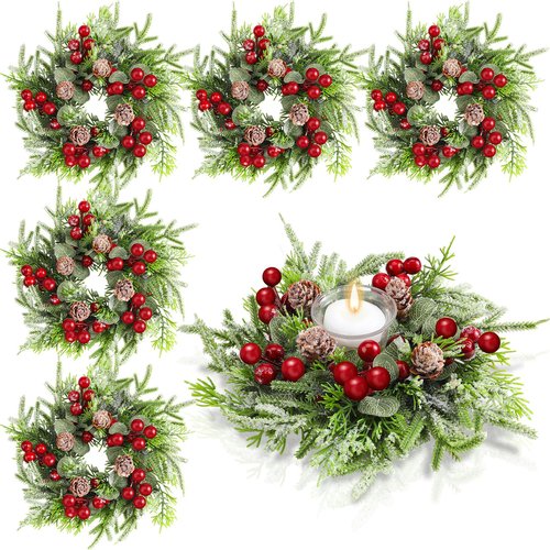Lyrow 8 Pcs Christmas Candle Rings Wreath Xmas Kitchen Cabinet Mini Wreath Artificial Berries Snowy Pine Candle Ring Holder for Christmas Chandelier Home Table Centerpiece Indoor Decor