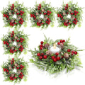 Lyrow 8 Pcs Christmas Candle Rings Wreath Xmas Kitchen Cabinet Mini Wreath Artificial Berries Snowy Pine Candle Ring Holder for Christmas Chandelier Home Table Centerpiece Indoor Decor