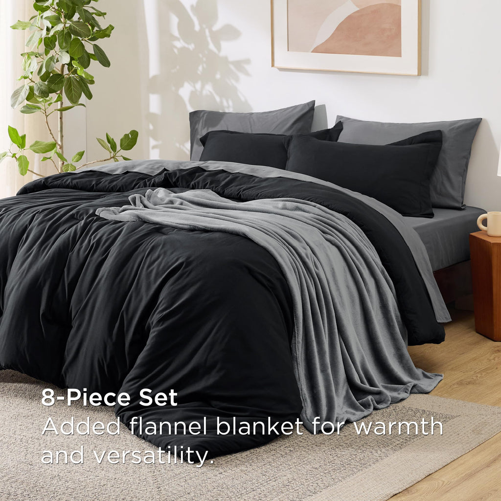 Bedsure Queen Comforter Set Black, 8 Pieces Prewashed Queen Size Bed in a Bag with Soft Fleece Bed Blanket, Down Alternative Bedding Set for All Seasons, Sheets, Pillowcases & Shams