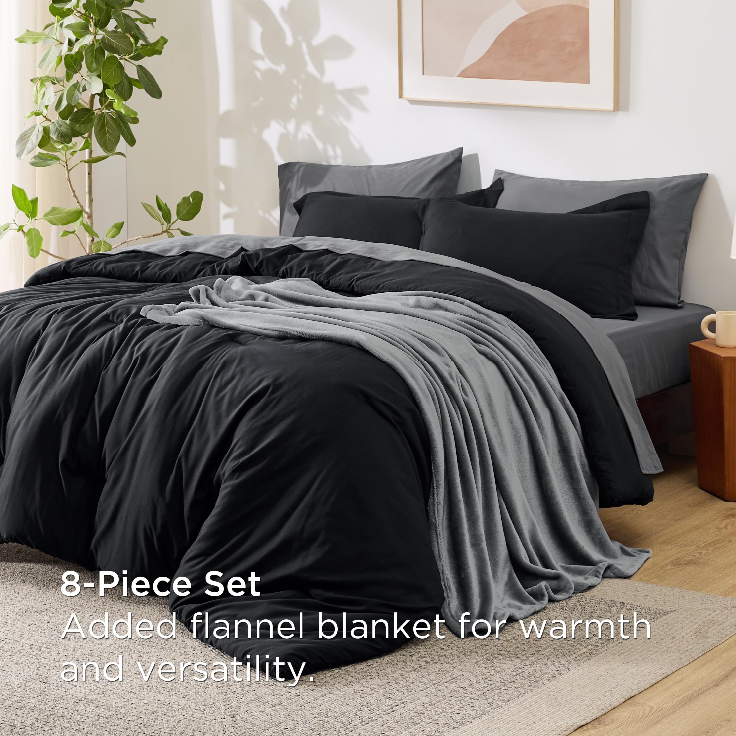 Bedsure Queen Comforter Set Black, 8 Pieces Prewashed Queen Size Bed in a Bag with Soft Fleece Bed Blanket, Down Alternative Bedding Set for All Seasons, Sheets, Pillowcases & Shams