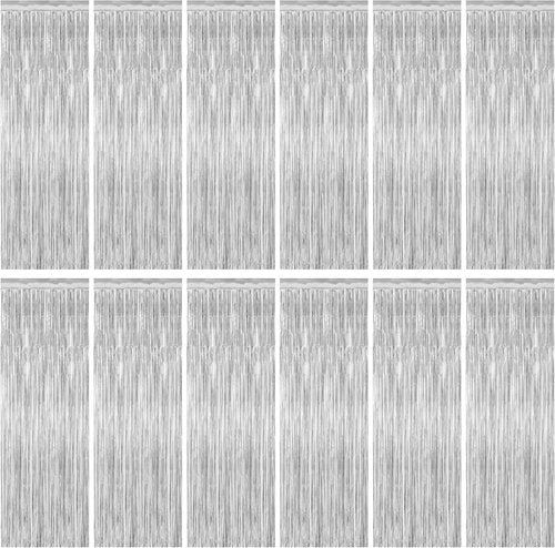 Metallic Silver Fringe Backdrop by [Brand Name] - 12 Pack Tinsel Curtains for Birthday & Disco Party Decor | 3.28 FT x 7.05 FT