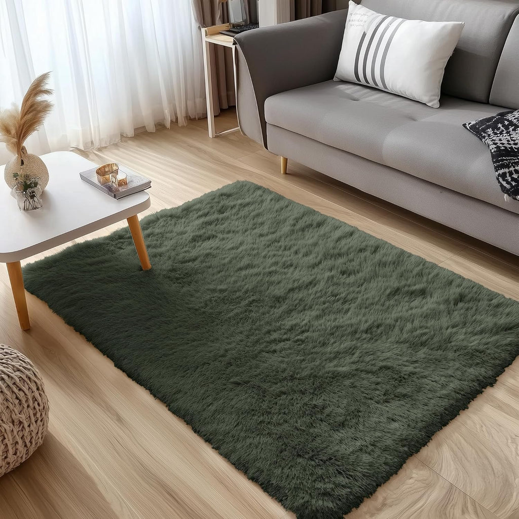 OLANLY Soft Fluffy Shaggy Bedside Rug - Machine Washable 3x5 for Kids & Nursery | Olive Green Home Decor
