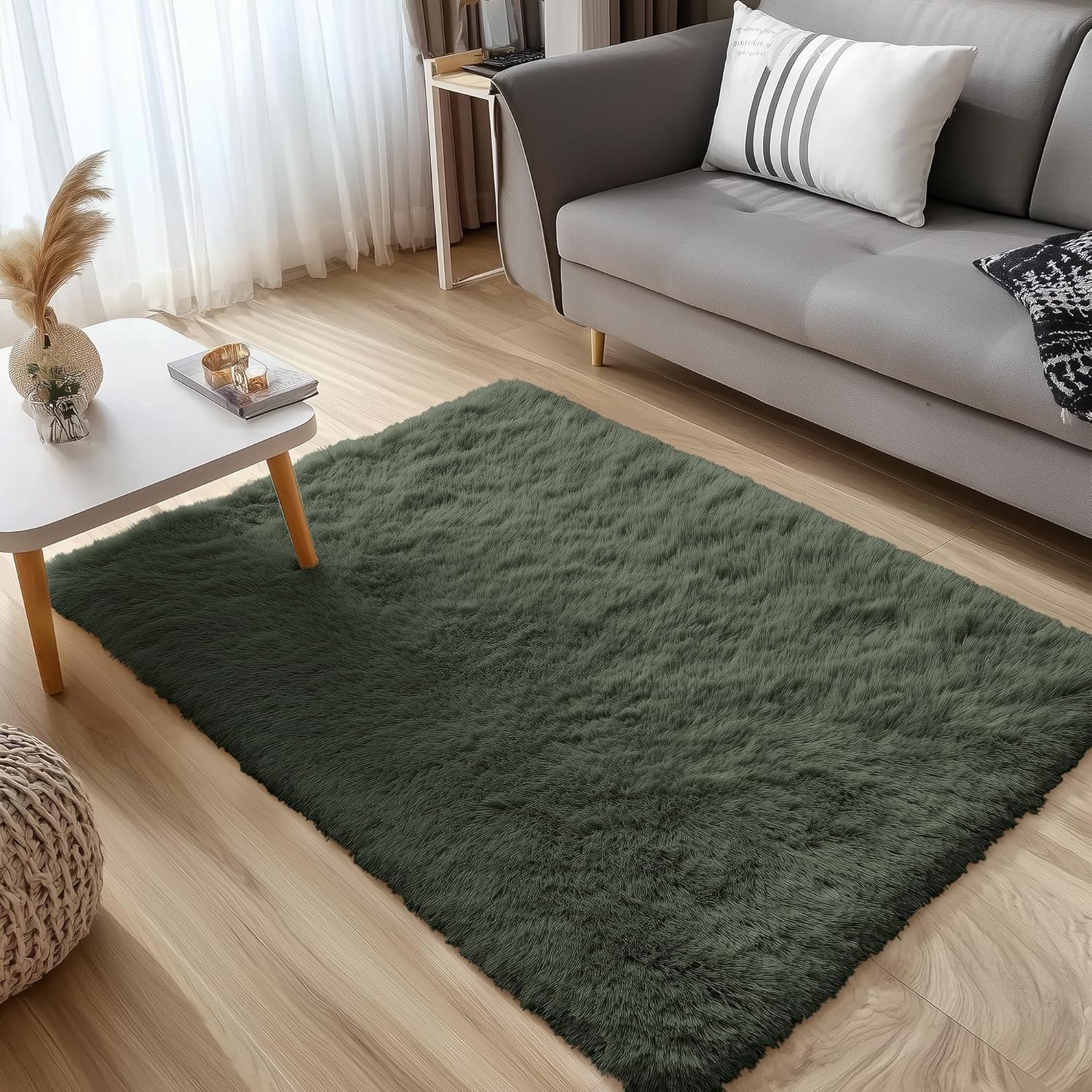 OLANLY Soft Fluffy Shaggy Bedside Rug - Machine Washable 3x5 for Kids & Nursery | Olive Green Home Decor