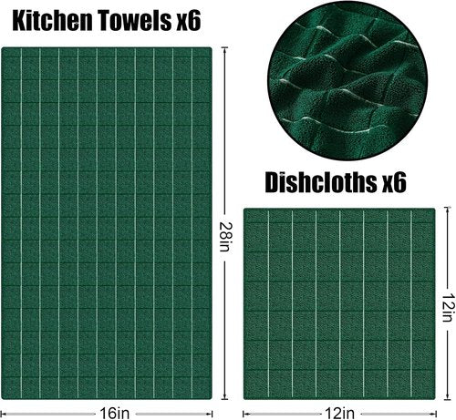 Homaxy Microfiber Kitchen Towels Set - 12 Pack Soft, Absorbent & Quick Drying Rags | Dark Green, 28 x 16 Inch & 12 x 12 Inch