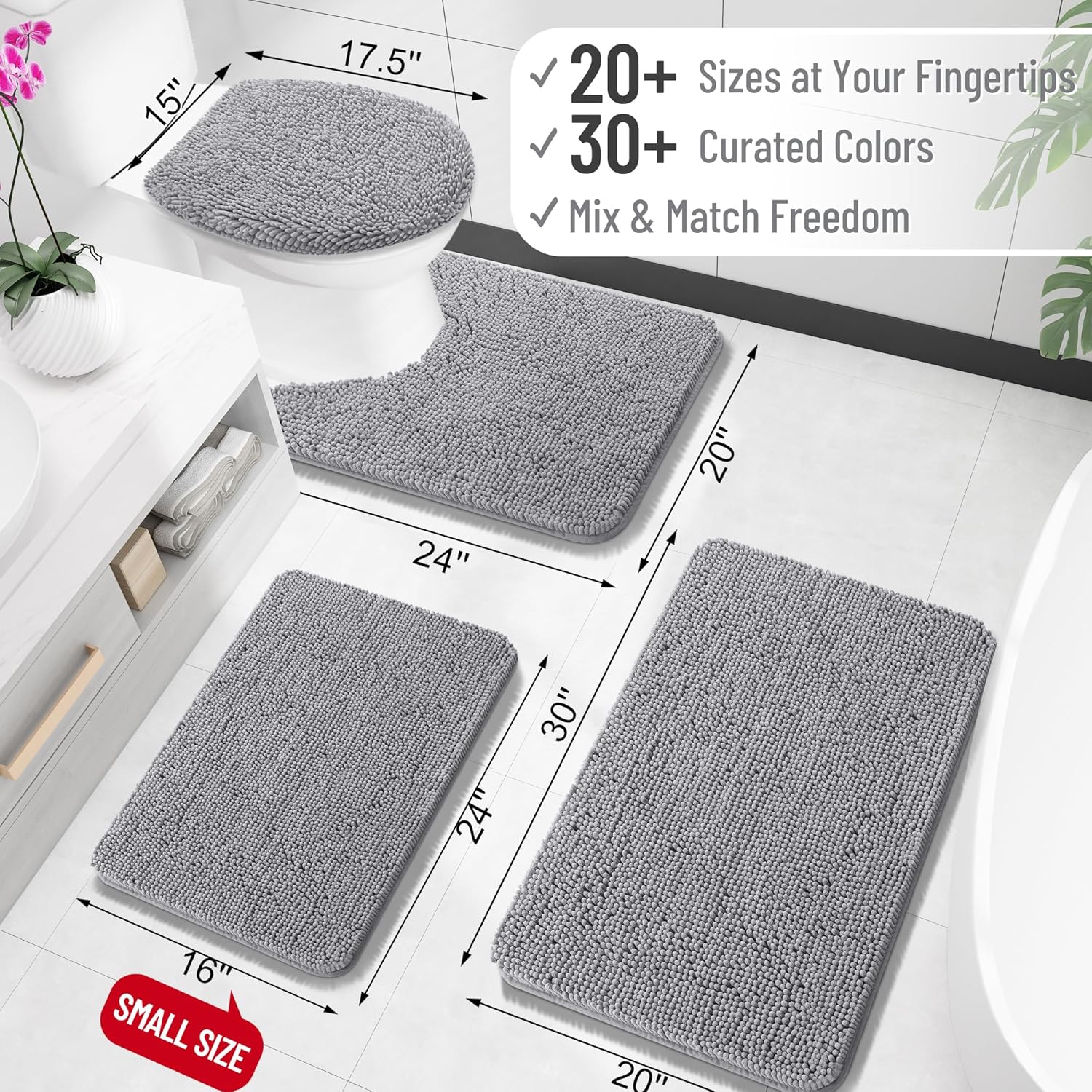 OLANLY U-Shaped Toilet Rug - Extra Soft Chenille, Quick-Dry, Machine Washable, Non-Slip | 20x20 Grey